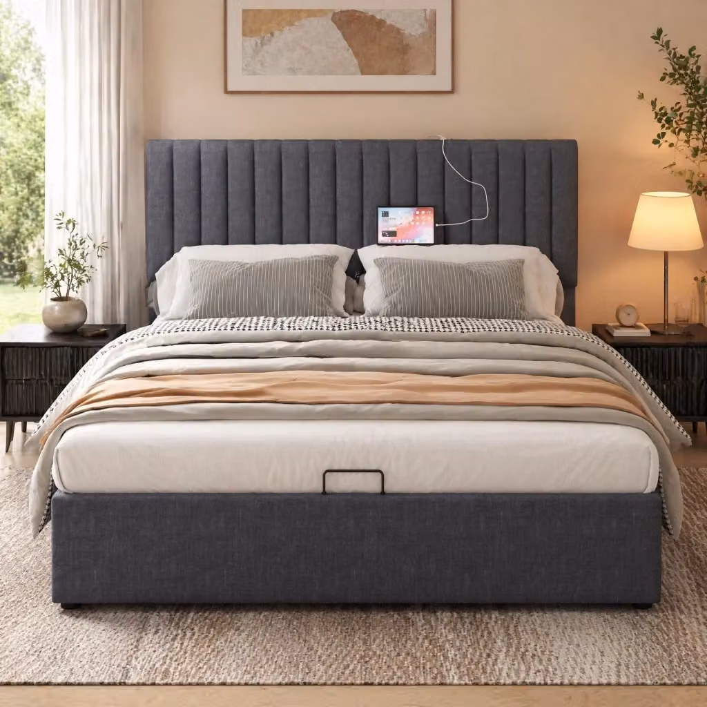 Letto contenitore Mivray in lino grigio con testiera LED, ricarica USB e rete a doghe, L/P/H: 140 x 200 x 106 cm – 2