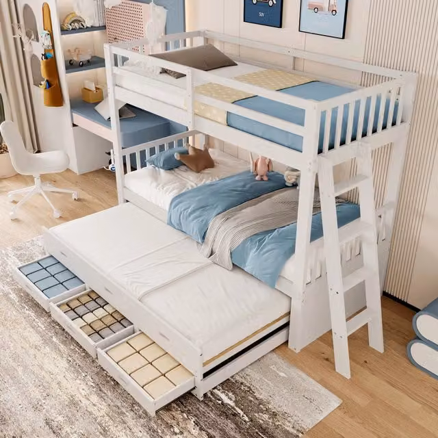 Letto a castello per bambini 90 × 200 cm con letto estraibile, 3 cassetti e barriere, senza materasso, bianco