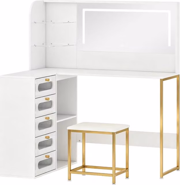 Toeletta da trucco HOMCOM con specchio LED, sgabello, 5 cassetti e 4 scomparti, bianco
