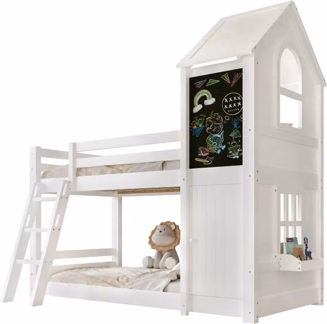 Letto a Castello per Bambini con Tetto, Finestre, Lavagna e Scala Inclinata, Bianco, L/P/H: 205 x 90 x 120 cm – 1