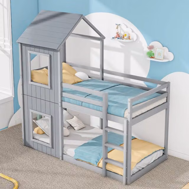 Letto a castello per bambini OKWISH in pino massiccio e MDF con struttura a baldacchino e scala, colore grigio, L/P/H: 200 x 90 x 120 cm