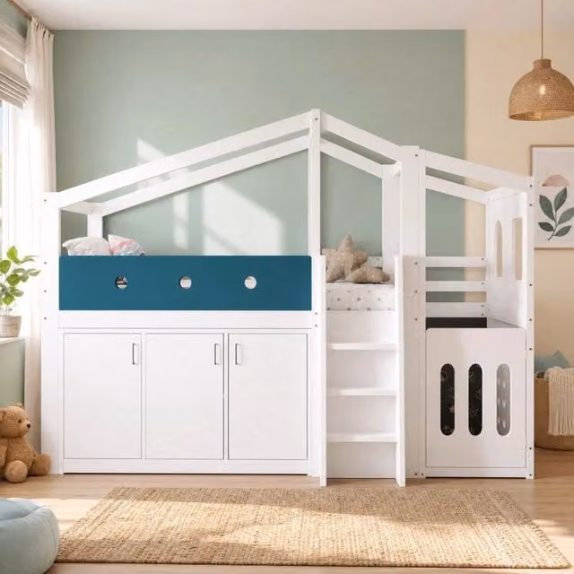 Letto a soppalco per bambini 90 × 200 cm con area gioco, armadio, scala laterale, senza materasso, legno, bianco