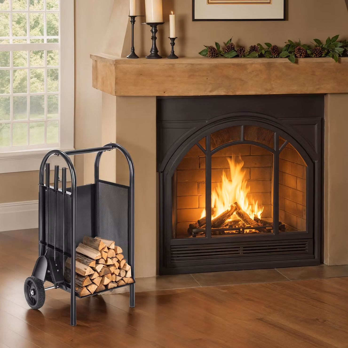 Carrello portalegna tectake nero con paletta, attizzatoio e scopa, H: 80,5 cm, L: 42,5 cm, P: 38 cm – 2