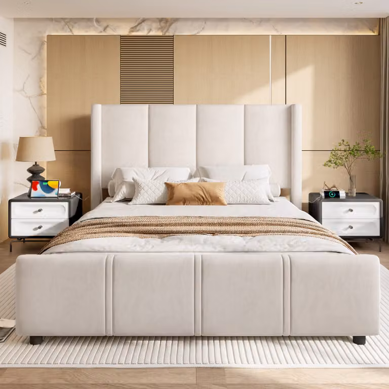 LVHOM Letto imbottito 140x200cm con USB e testata alta, letto matrimoniale Mid Century con rete a doghe, letto giovanile con struttura in metallo, struttura letto in velluto, beige