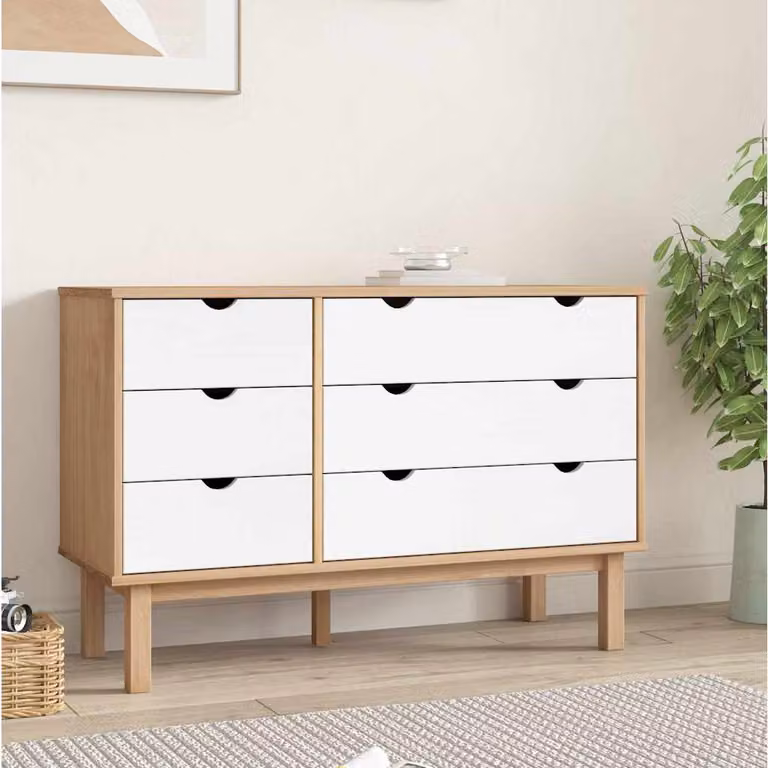 Cassettiera OTTA vidaXL in legno di pino, stile scandinavo, Marrone e Bianco, L 111 cm x P 43 cm x H 73,5 cm