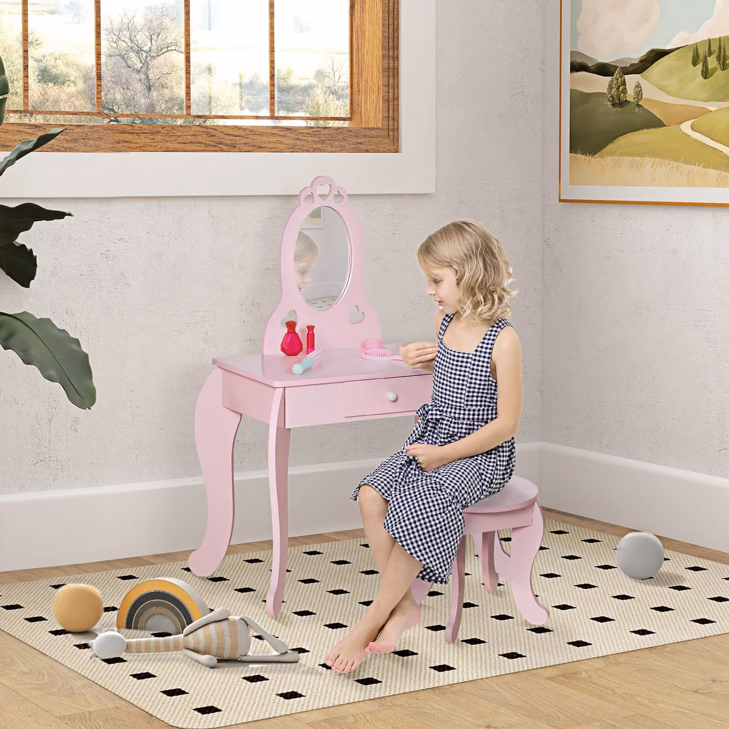 Tavolo da trucco per bambini Aosom in legno rosa con specchio e sgabello per la tua cameretta – 2