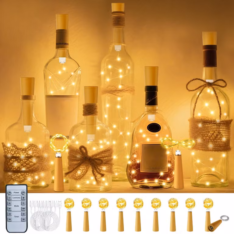 Luci a bottiglia con tappi di sughero, confezione da 10 pezzi, lunghezza 2 metri, 20 LED, ricaricabili