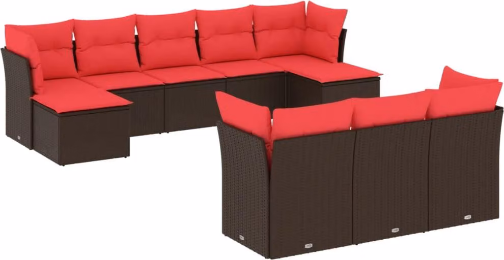 Set Divani da Giardino 10 pz con Cuscini Marrone in Polyrattan