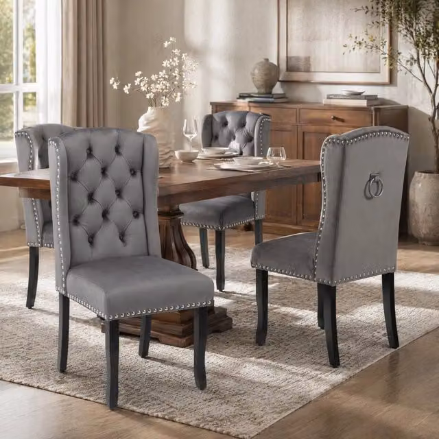 Set 2 sedie da pranzo ULEVR in velluto grigio con gambe in rovere e schienale curvo
