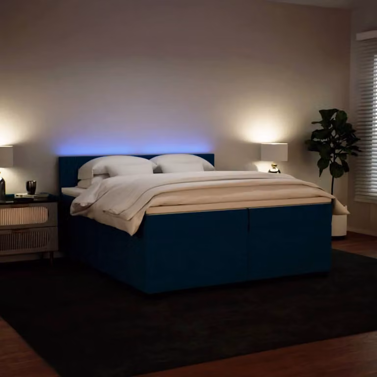 vidaXL Giroletto a Molle con Materasso Ibrido in Velluto Blu e Bianco L/P: 200 x 200 cm
