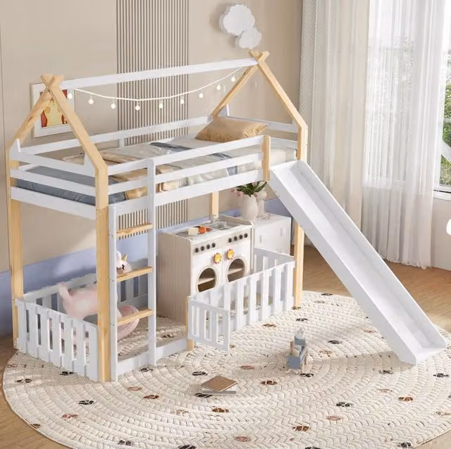 Letto a castello per bambini 90x200 cm bianco e naturale con scivolo, senza materasso