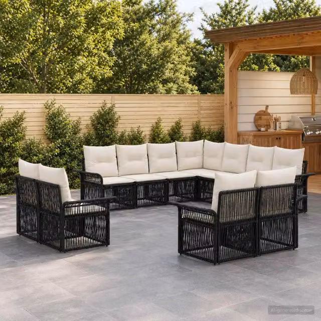 Set Divano da Giardino a Forma di U vidaXL in Polyrattan con Cuscini, Nero e Bianco