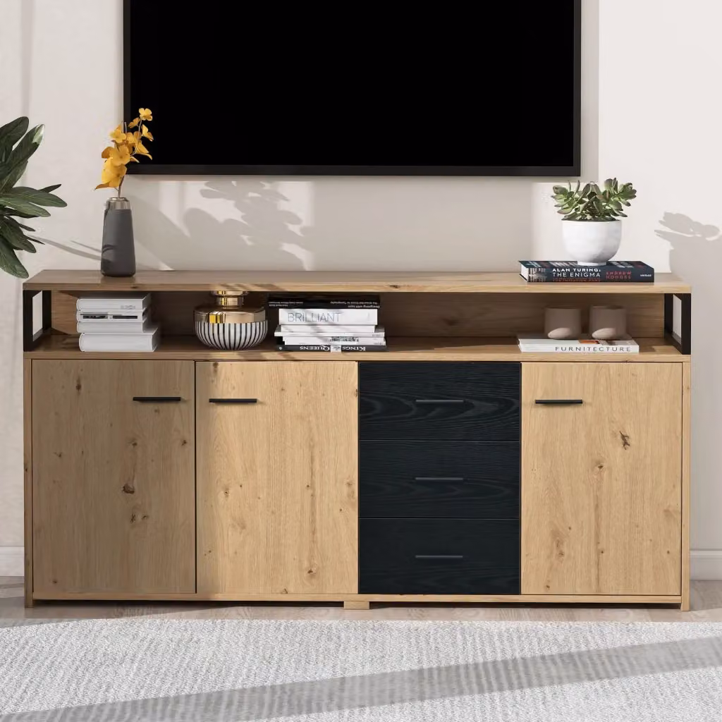 Mobile TV Zephmum con tre ante e tre cassetti, design moderno in legno, colore nero o marrone, L 150 cm x P 35 cm x H 75.9 cm – 2
