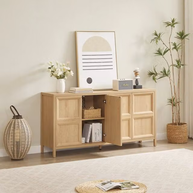 Mobile TV moderno con ante - Zephmum- 160x40x80 cm- Colore quercia chiaro- Apertura a pressione, cerniere soft-close
