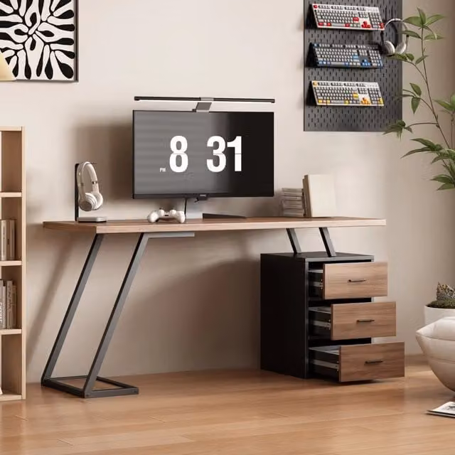 Scrivania da ufficio moderna WISHDOR in MDF laminato marrone opaco con cassettiera