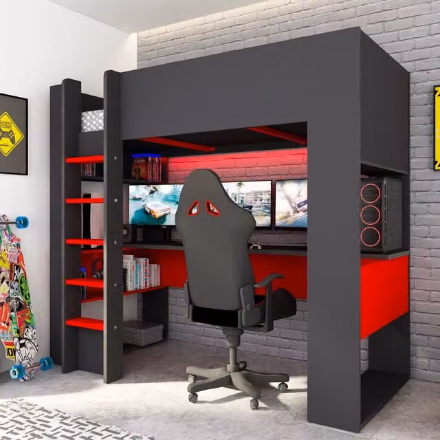 Letto a castello per bambini con scrivania e scale, colore antracite e rosso, L/P/H: 200 x 90 x 205 cm