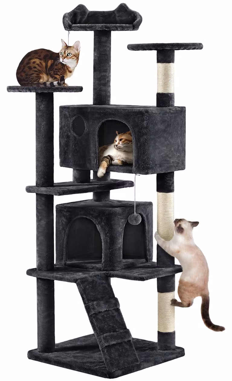 Yaheetech, albero per gatti alto 178 cm, robusto, con 2 tane, colore nero