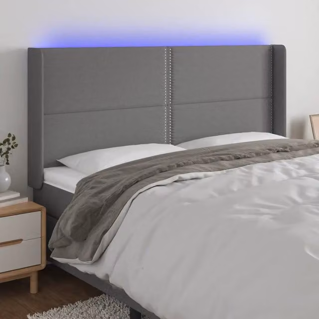 Testiera con LED Design Mania in tessuto grigio scuro con porta USB, L: 183 cm, P: 16 cm, H: 118/128 cm