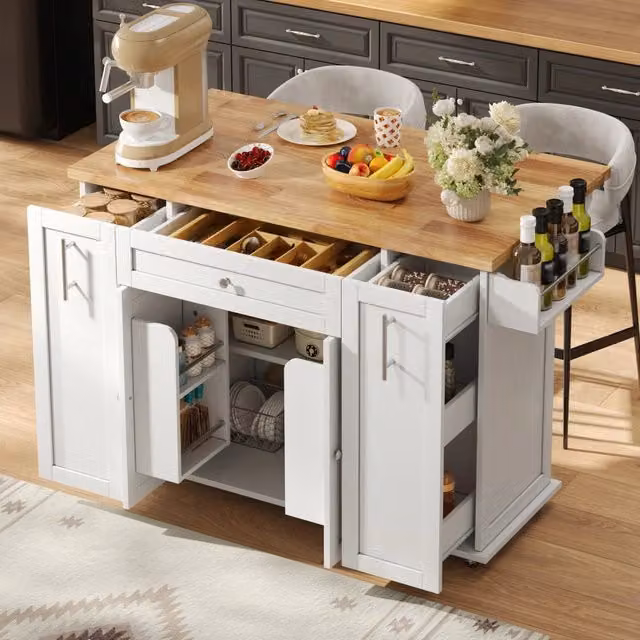 Isola da cucina mobile con piano ribaltabile; 3 cassetti verticali e portaspezie; bianco; 120x45(70)x87 cm