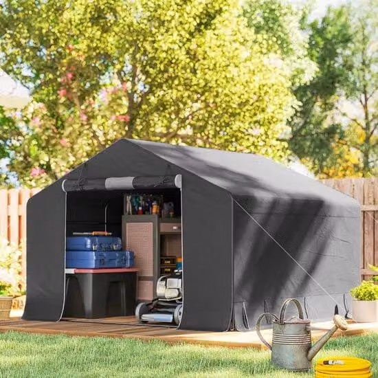 Casetta da giardino a tre gambe, riparo per biciclette, porta scorrevole con cerniera, struttura in metallo, spazio di stoccaggio versatile, grigio scuro