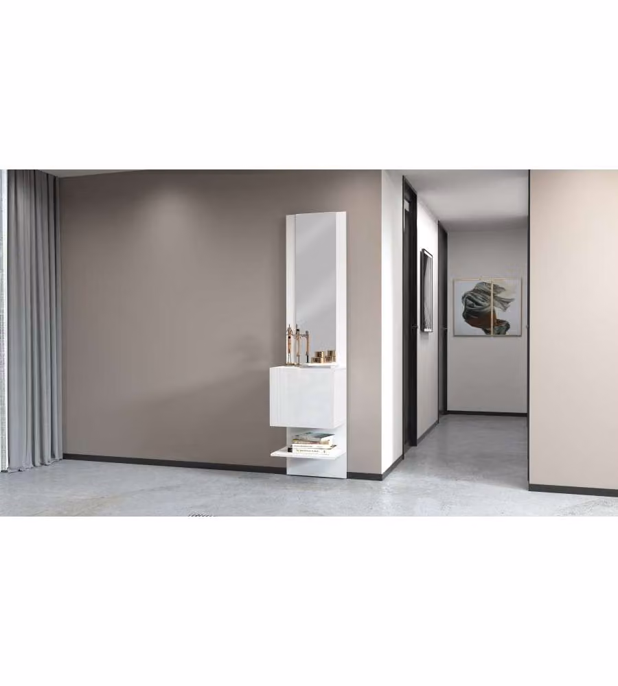 Scarpiera Kompact Web Furniture con Specchio Bianco Lucido e Mensole Interne, da Appendere al Muro, L: 45 cm, H: 191 cm, P: 19 cm – 1