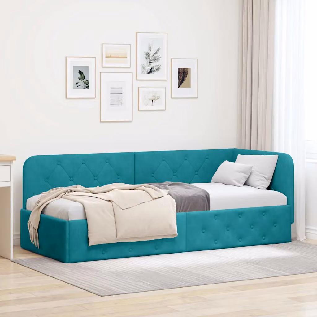 Letto ad angolo asimmetrico vidaXL in velluto turchese, L 200 x P 80 x H 72 cm – 1