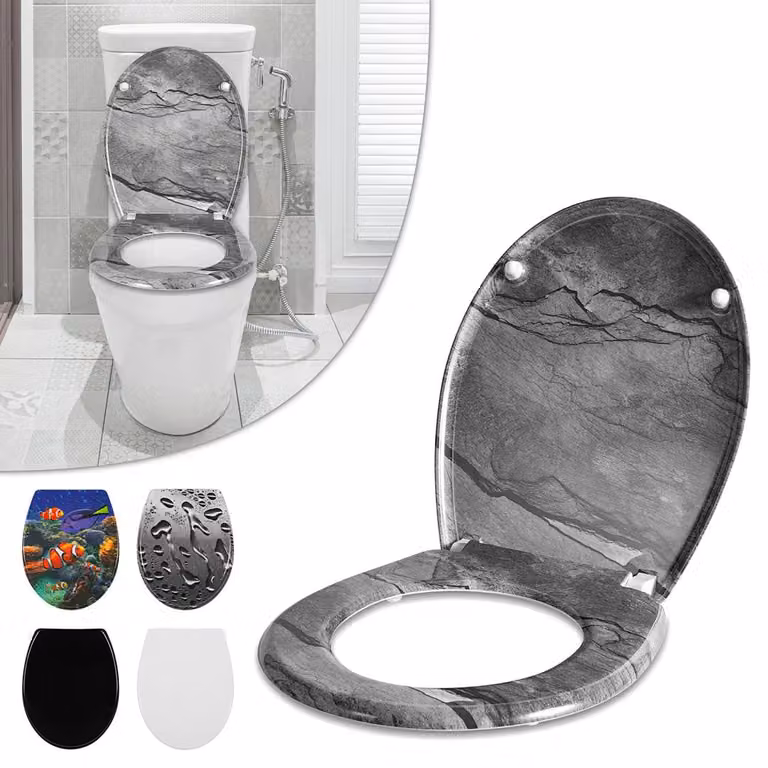 Copertura per WC, sedile per WC con sistema di chiusura automatica, realizzato in duroplast antibatterico, completo di kit di montaggio, elevata capacità di carico, forma ovale universale, design con effetto marmo e motivo marmorizzato