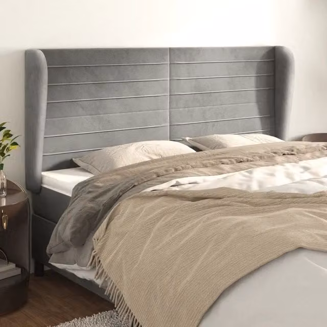 Testiera con Orecchie Design Mania in Velluto Grigio Chiaro L: 203 cm, P: 23 cm, H: 118/128 cm