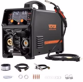 Saldatrice MIG VEVOR 5 in 1 con Tecnologia Inverter IGBT e Schermo LCD, Corrente di Uscita 250 A, Sinergica e Portatile, Colore Nero