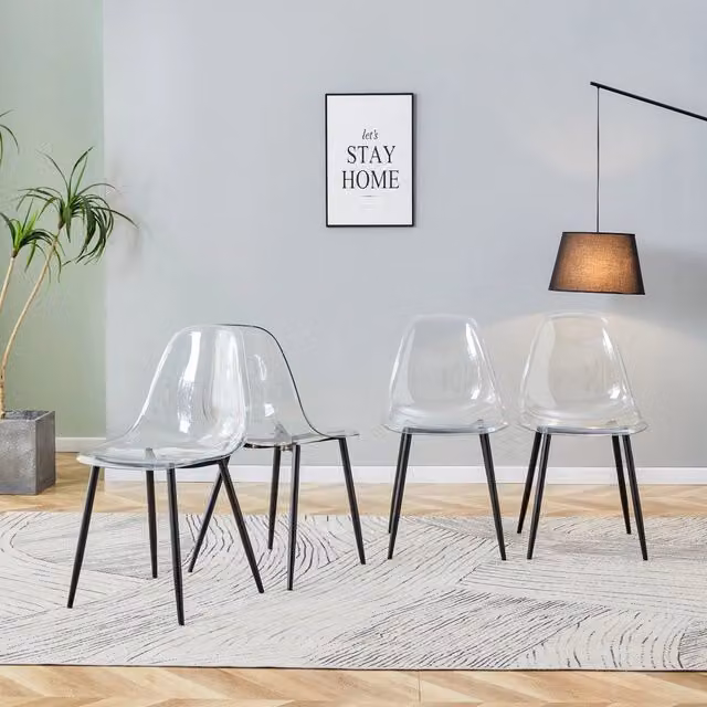 Set di 4 sedie da pranzo OKWISH moderne in plastica trasparente con gambe in metallo nero e finitura lucida