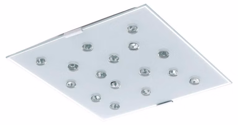 Lampada da soffitto a LED, bianca, con finitura satinata, elementi in vetro trasparente, lunghezza 29 cm