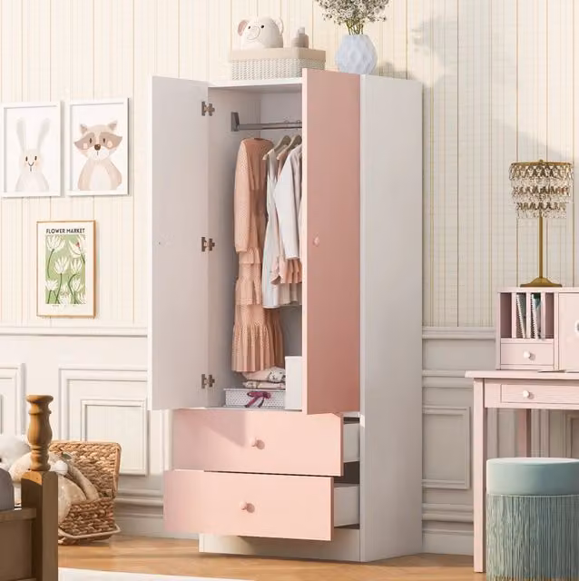 Armadio guardaroba singolo 70 x 40 x 170 cm con due cassetti; rosa e bianco