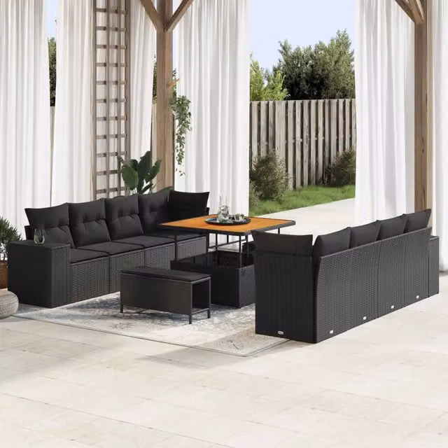 Set Divano da Giardino vidaXL 11 Pezzi Nero con Cuscini e Tavolino in Polyrattan e Acciaio – 1