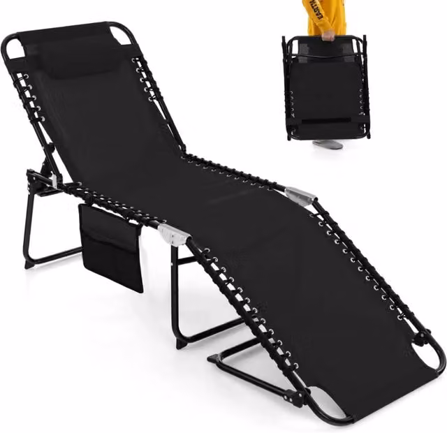Chaise longue pieghevole 189 x 59 x 40 cm con schienale regolabile e poggiatesta removibile in tessuto nero 20_0020968