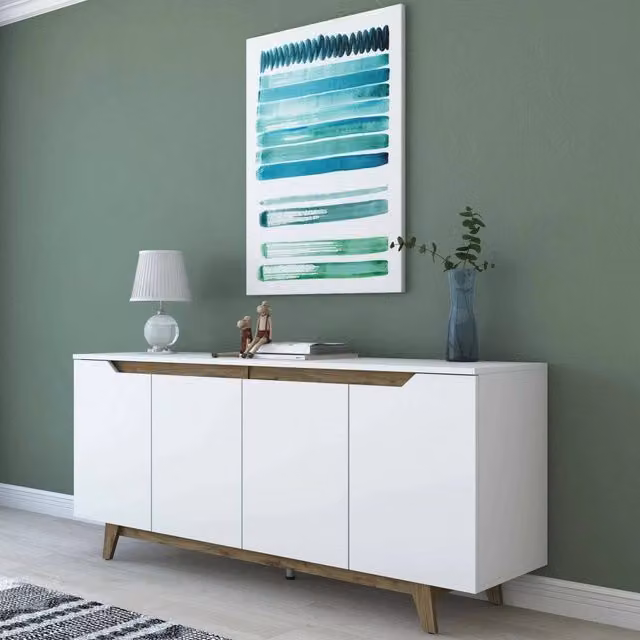 Credenza Ascaro DMORA, Buffet e Madia da Soggiorno o Cucina, Bianco e Noce, L: 180 cm, P: 45 cm, H: 79 cm
