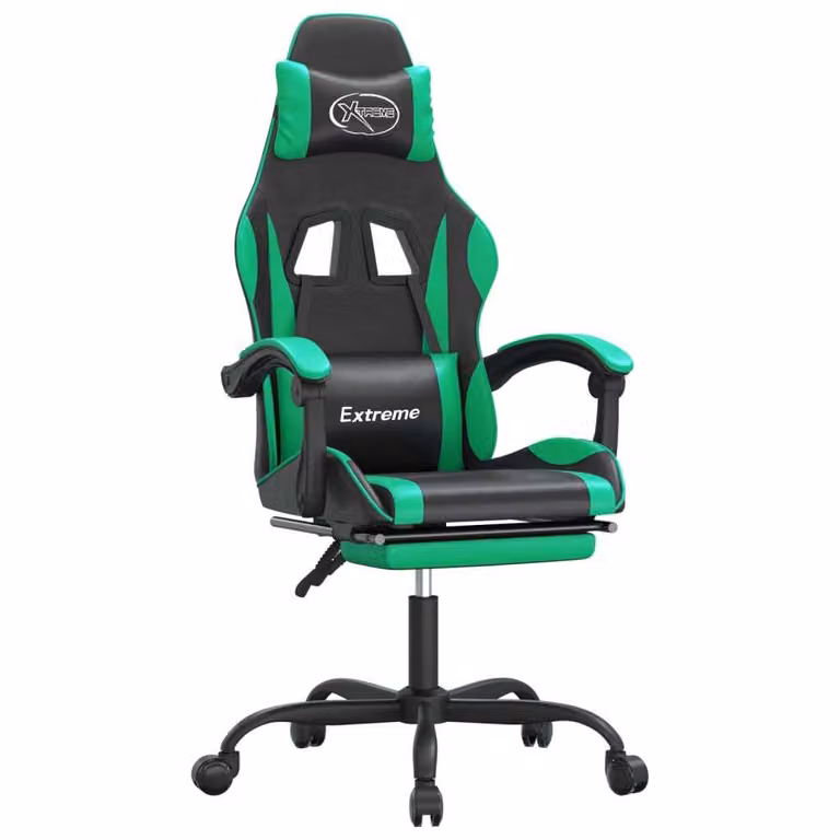 Sedia da Gaming con Poggiapiedi Nero e Verde in Pelle finta