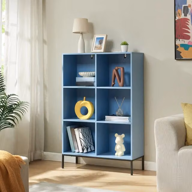 Libreria Colwyn en.casa con 6 Ripiani, Scaffale da Terra Moderno in MDF e Metallo, Blu e Nero, L: 120 cm, H: 80 cm, P: 30 cm