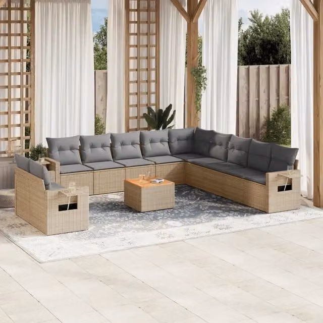 Set di Divani da Giardino vidaXL in Polyrattan con Cuscini Beige e Grigio per Terrazza e Giardino – 1