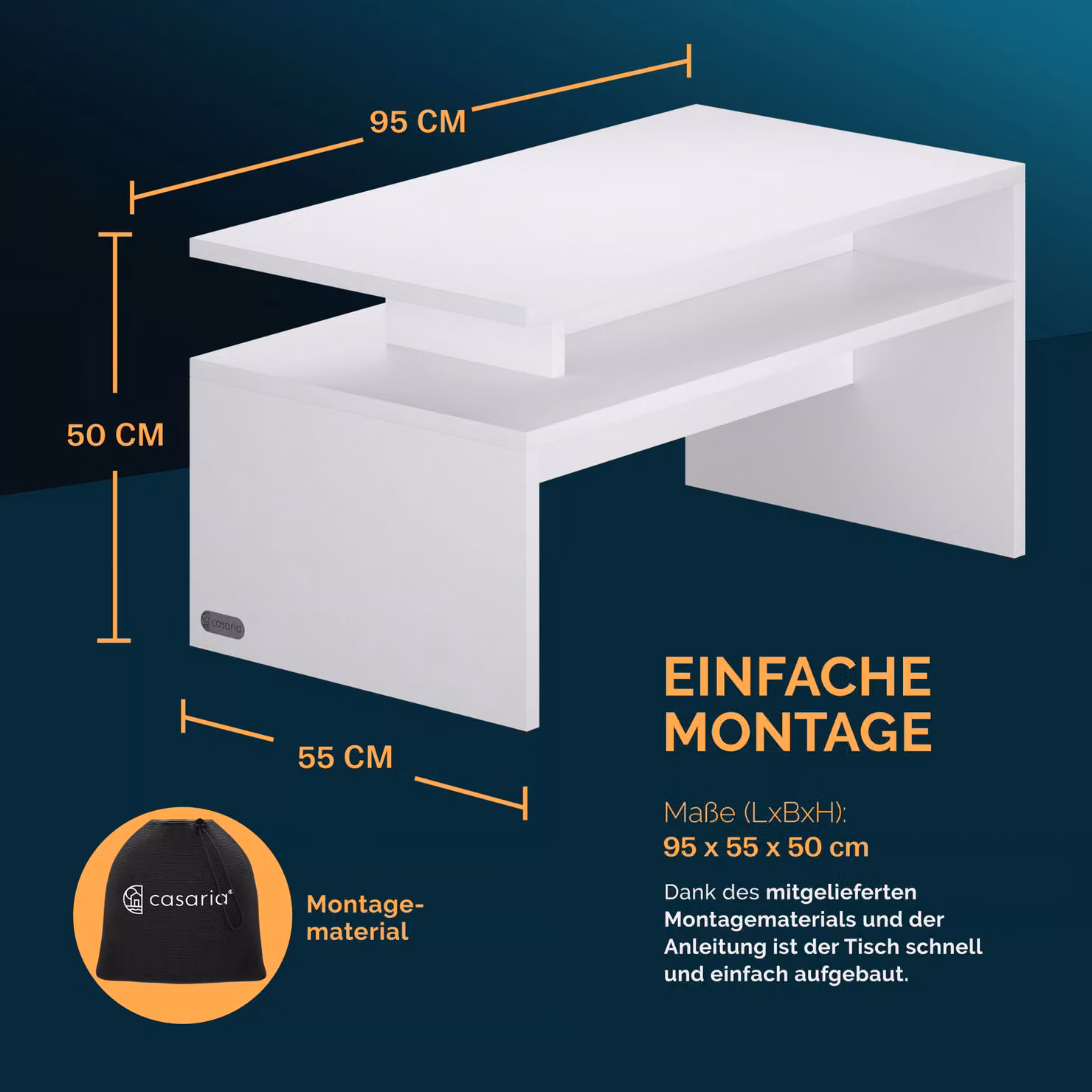 Tavolino Casaria bianco con meccanismo sollevabile e piano rettangolare L: 95 cm, P: 55 cm, H: 50 cm – 4