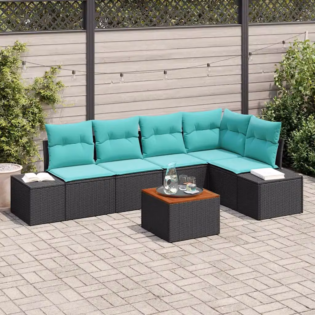 Set Divano da Giardino vidaXL 6 pz a L con Tavolino, Polyrattan Nero e Turchese con Cuscini Impermeabili