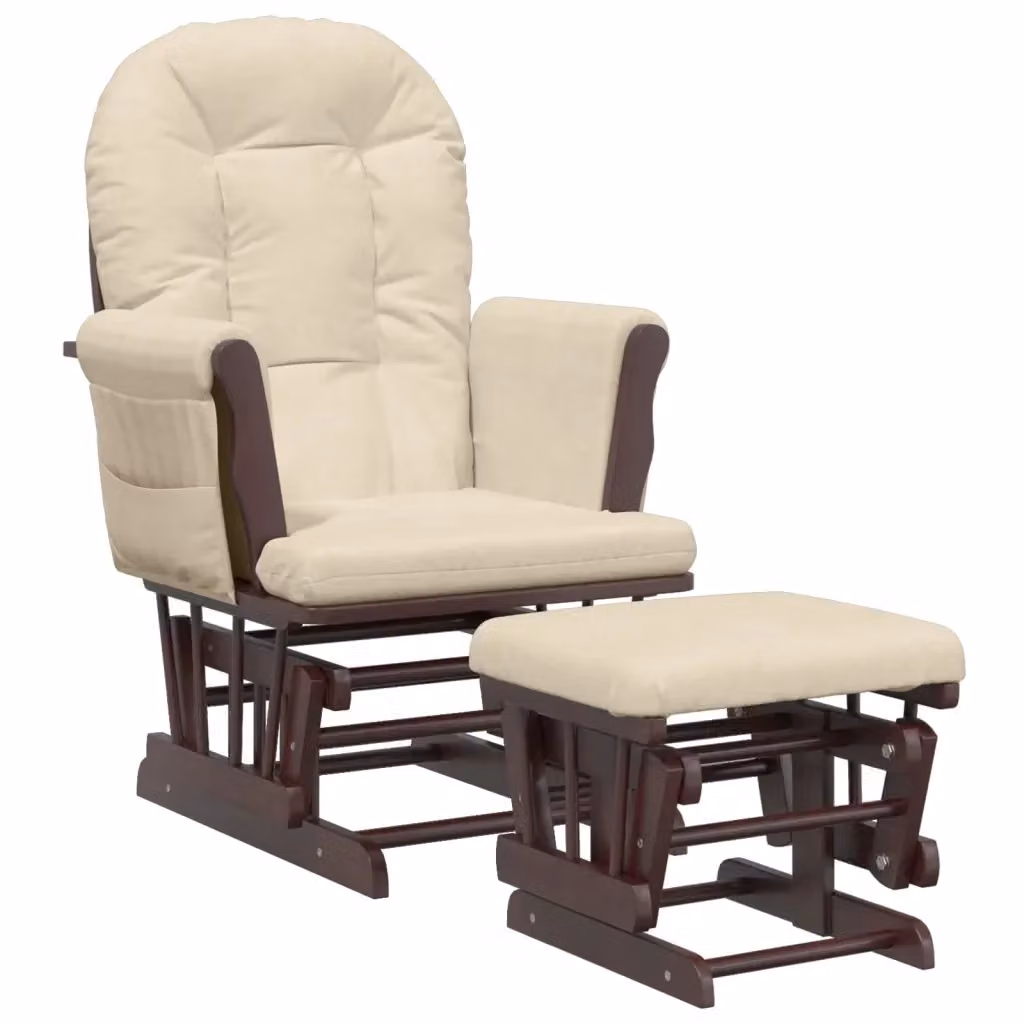 Poltrona Glider con Sgabello Bianco Crema in Tessuto e Struttura in Legno di Gomma – 2