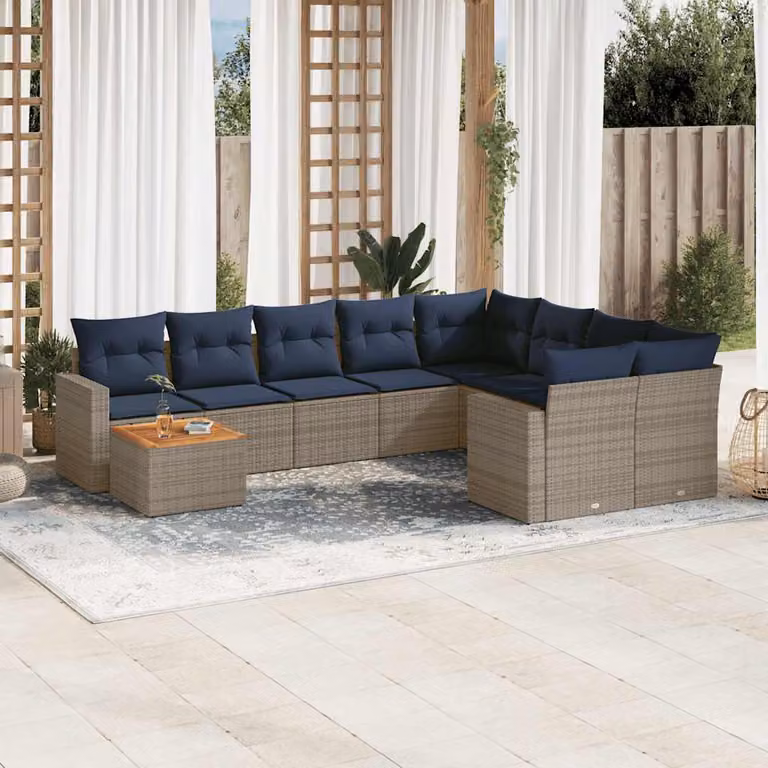 vidaXL Set Divani da Giardino 10 pz in Polyrattan con Cuscini Grigio e Blu con Tavolino e Struttura in Legno di Acacia