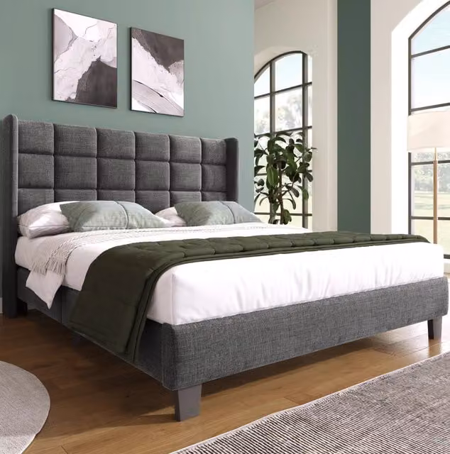 Letto matrimoniale imbottito con testiera in lino grigio 140x200 cm con rete a doghe, senza materasso