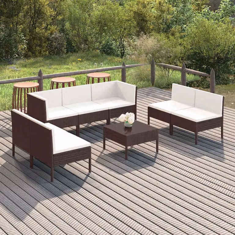 Set da giardino vidaXL 8 pezzi in rattan marrone con cuscini bianchi e tavolino coordinato