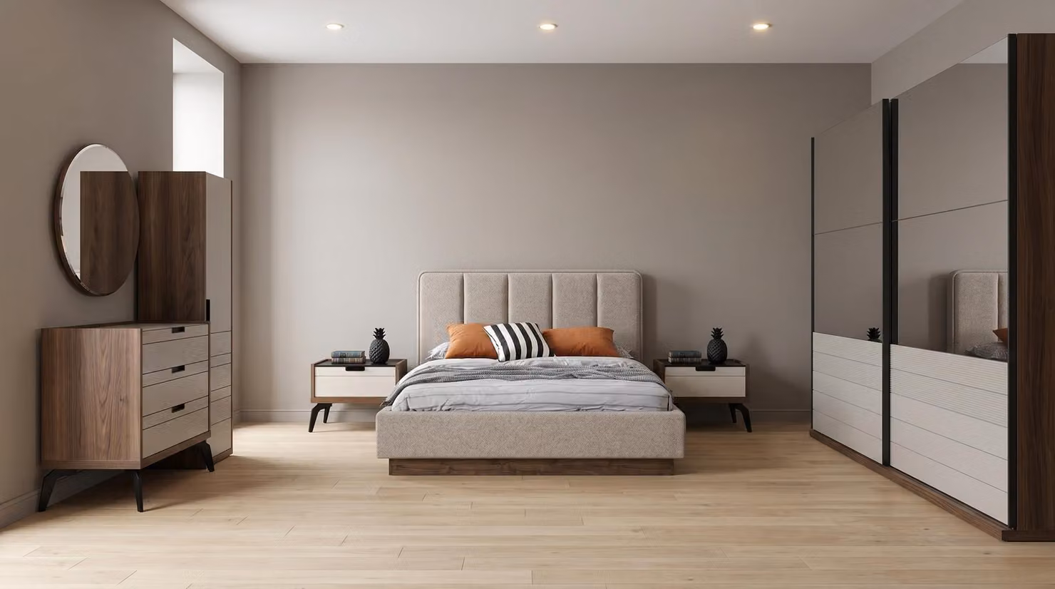 Set per camera da letto moderno: letto matrimoniale, due comodini, comò con specchio