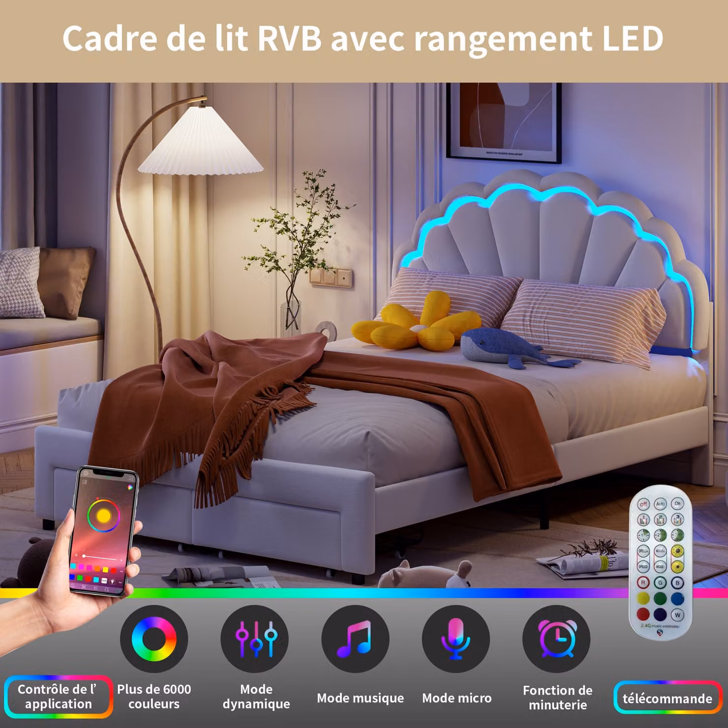UnboxG Letto imbottito 140x200cm con LED, letto contenitore per giovani con 2 cassetti, letto matrimoniale con rete a doghe, letto funzionale, beige