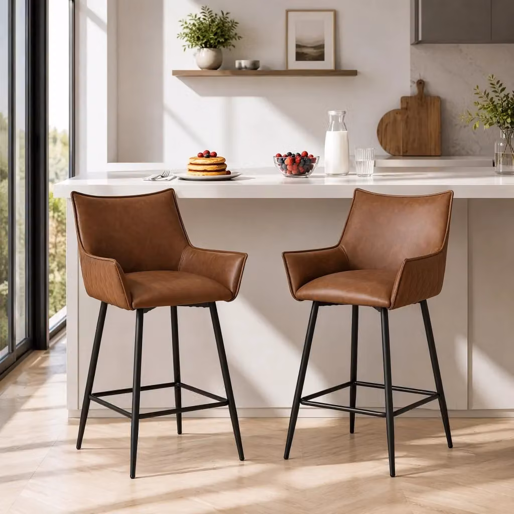 Set di 2 sgabelli da bar MIVRAY con braccioli curvi e schienale in similpelle vintage marrone e gambe in metallo nero per cucina e sala da pranzo – 2