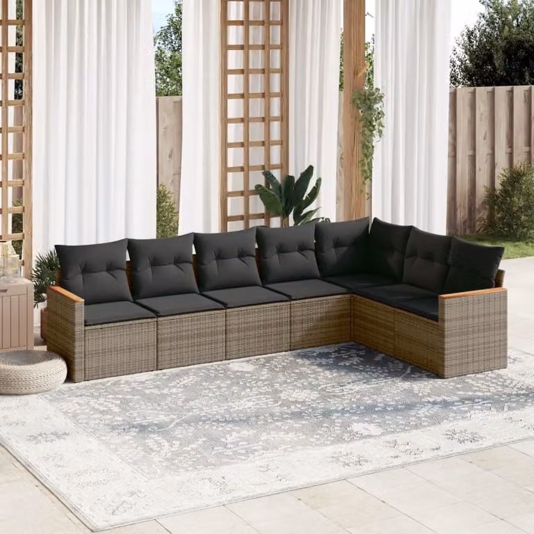 Set di divani da giardino vidaXL a forma di L composto da 7 pezzi in polyrattan e legno di acacia con cuscini grigi e coperture rimovibili