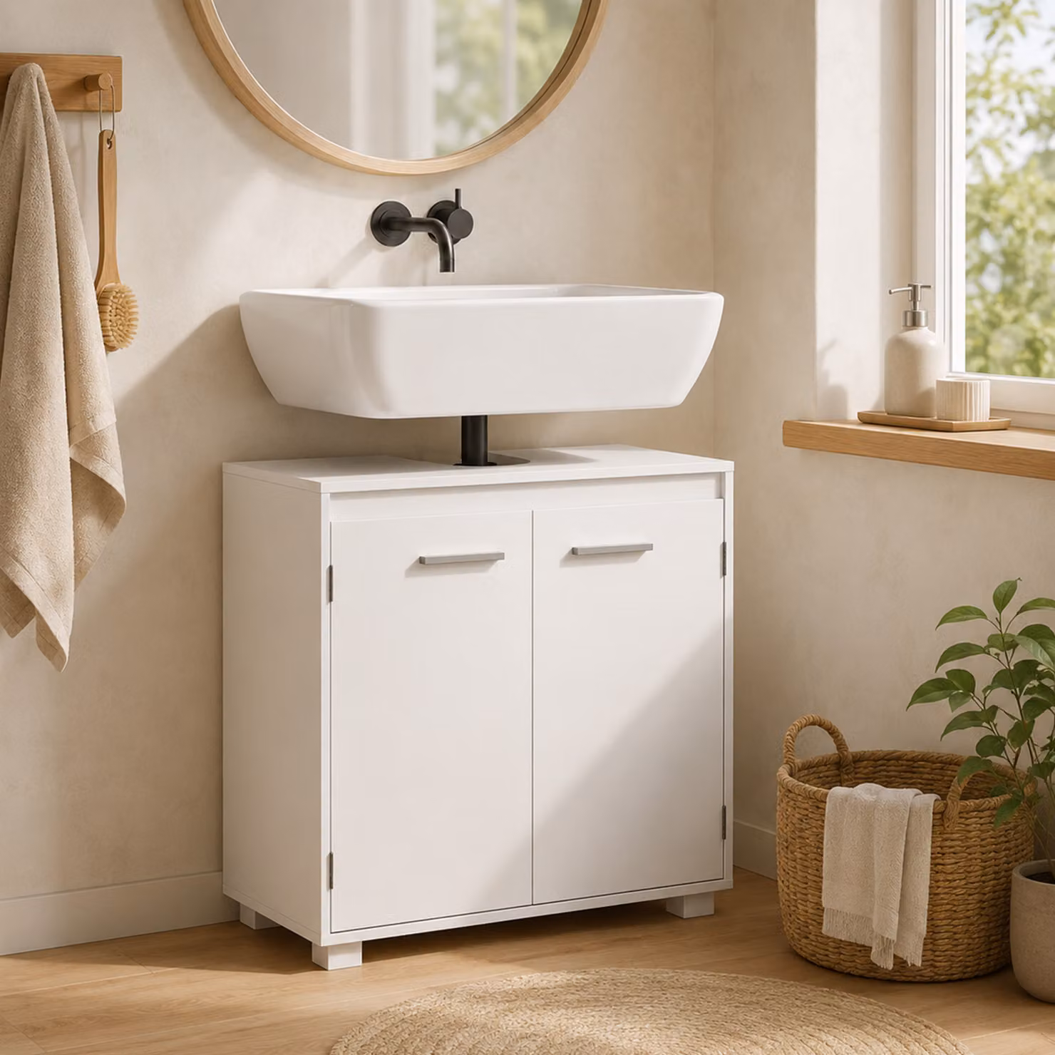 Mobile sottolavabo HOMCOM bianco con rientranza a U e ripiano regolabile per bagno – 2
