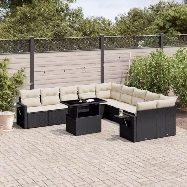 Set di Divani da Giardino a L vidaXL in Polyrattan Nero con 11 Pezzi e Cuscini Imbottiti – 1